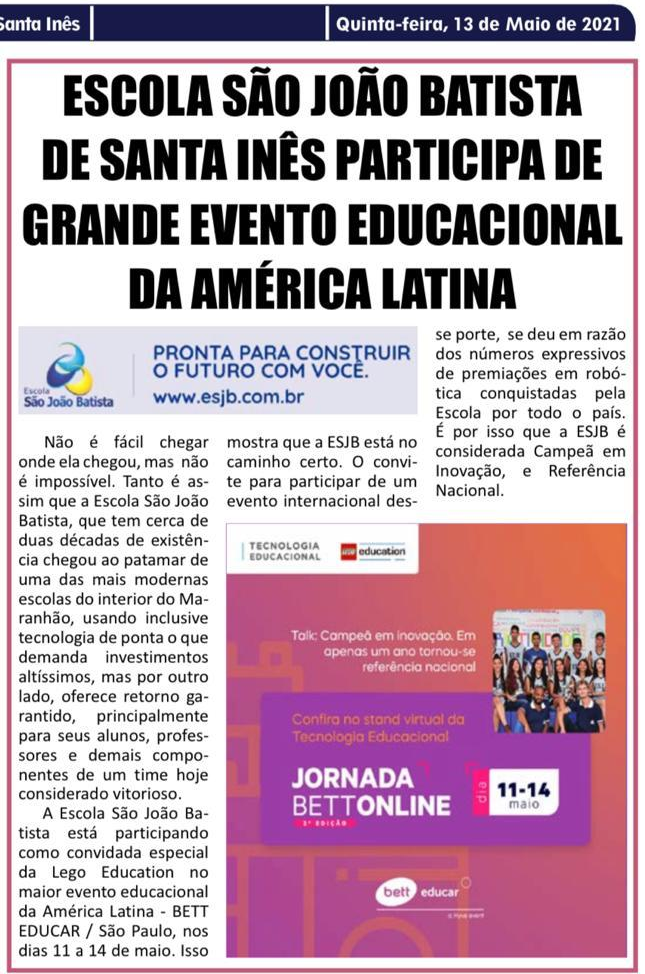 Recorte do jornal Agora Santa Inês; matéria destaca a participação da ESJB na Bett Educar 2021